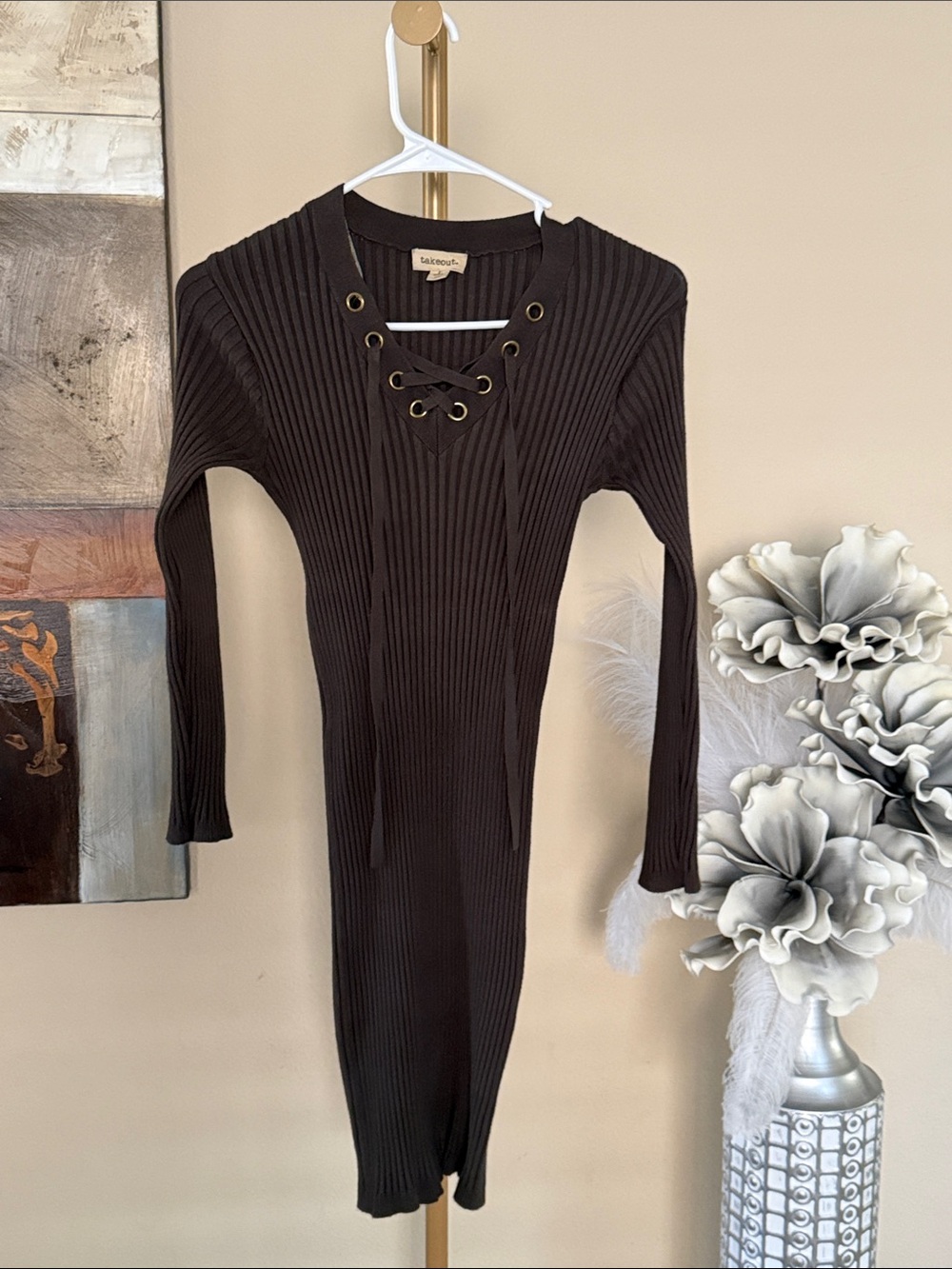 Takeout Ribbed Lace-Up Long Sleeve Dress - Black
